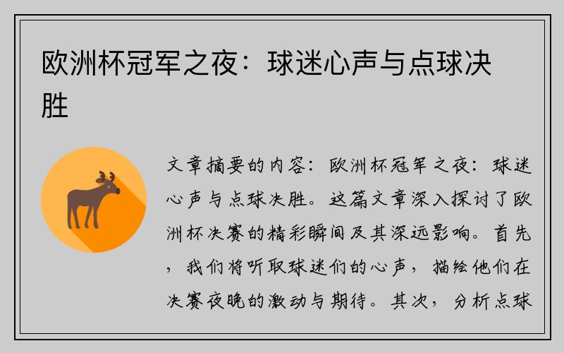 欧洲杯冠军之夜：球迷心声与点球决胜