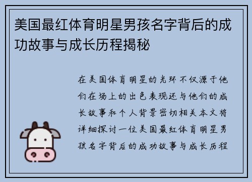 美国最红体育明星男孩名字背后的成功故事与成长历程揭秘